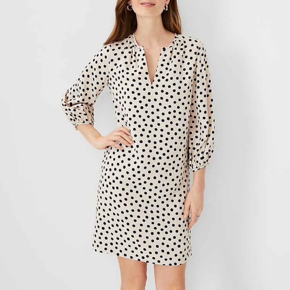 Ann Taylor Dot Split Neck Dress Quarter Sleeve Shift Dress Like New